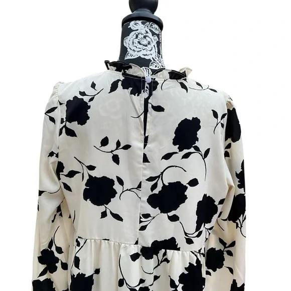 Floral Print Long Sleeve Mini Dress - Black on Cream - Picture 5 of 5